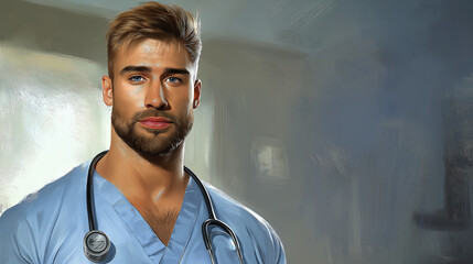 Handsome male nurse in scrubs with stethoscope in a clinical setting
