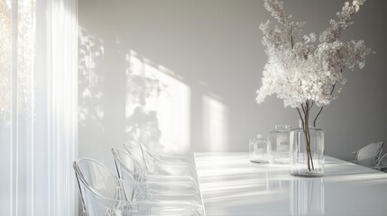 Poster - A spacious dining area features a modern white table accompanied by clear chairs