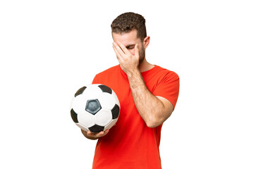 Canvas Print - Handsome young football player man over isolated chroma key background with tired and sick expression