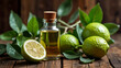 © Tarikulsio - A bottle of bergamot essential oil is fresh bergamot fruit and leaves. Ai generative