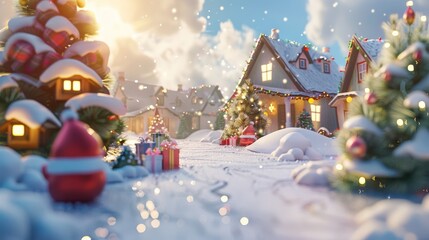 Poster - A snow-covered street with houses and trees, and a red Santa hat on a small red object