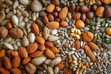 artfully scattered assortment of various nuts and seeds - almonds, walnuts, pumpkin seeds, and sunfl