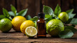 © Tarikulsio - A bottle of bergamot essential oil is fresh bergamot fruit and leaves. Ai generative