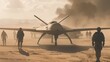 © VK Studio - Silhouetted soldiers and an unmanned drone appear amidst swirling sand and shadow in a harsh desert environment.