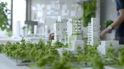 Sticker - An expansive office filled with architectural models of eco-friendly skyscrapers and flourishing trees, showcasing visionary green urban planning.