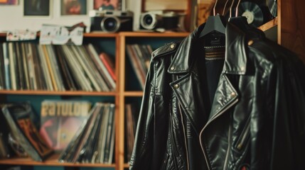 Vintage black leather jacket displayed alongside a nostalgic collection of records and cameras, blending fashion with retro culture.