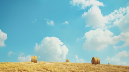 Canvas Print - Golden hay bales dot a vast, sunlit field under a brilliant blue sky with fluffy white clouds, evoking serenity and the essence of summer.