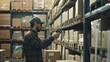 © VK Studio - A warehouse worker scans a package on a high shelf, surrounded by stacked boxes, capturing the essence of logistics and inventory management.
