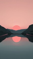 Sticker - A beautiful sunset over a lake with mountains in the background. The sky is pink and the sun is setting