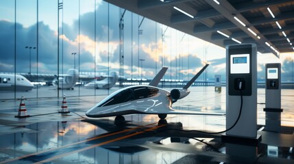 A futuristic aircraft at an electric charging station inside a modern hangar during dusk, highlighting the shift towards sustainable aviation technology.