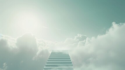 Wall Mural - Dreamlike staircase leading into ethereal clouds under a soft, glowing sky, evoking a sense of heavenly ascension.