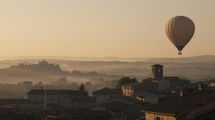 Serene aerial view of a hot air balloon drifting above a picturesque countryside, bathed in early morning light.