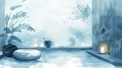 Wall Mural - A blue and white room with a large window and a small rock sitting in the middle of the room