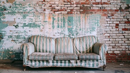 An aging striped couch sits against a cracked, peeling brick wall, evoking nostalgia and stories of the past.