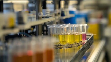 Leinwandbilder - A close-up of a shelf in a laboratory setting. The shelf contains several test tubes filled with a clear yellow liquid. The test tubes are arranged in rows and are sitting on a metal tray