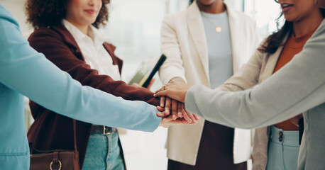 Canvas Print - Hands, people and huddle at office on meeting for teamwork, collaboration and unity. Employees, business and solidarity for project with synergy, coworking and motivation with engagement for victory