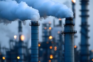 Close up of power plant with smokestacks emitting