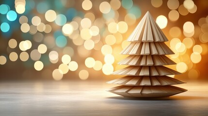 Aufkleber - Origami Tree Bright Bokeh, Festive Glow, Wooden Surface, Abstract Holiday Art, Warm Tones, Creative Seasonal Display