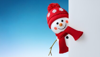  A 3D cute snowman peeking out from the right side of a white wall, wearing a red scarf