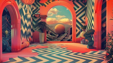 Wall Mural - Surreal lofi scene with whimsical patterns.