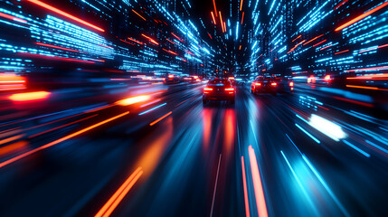 Cars in motion with blurred lights and city background at night.