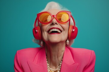 Sticker - Woman wearing red sunglasses and headphones. elderly woman is captured in a joyful moment, laughing heartily. She wears pink blazer orange sunglasses that add playful touch to her look