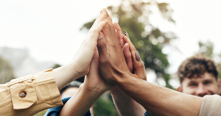 Poster - Hands, students and high five for teamwork outdoor with education support, learning and study success. People, friends or collaboration for college future, scholarship and celebration of synergy goal