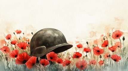 Sticker - A soldier's helmet is in the middle of a field of red poppies