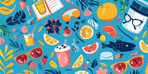 Vibrant summer-themed pattern featuring fruits, sunglasses, and refreshing drinks on a bright blue background.