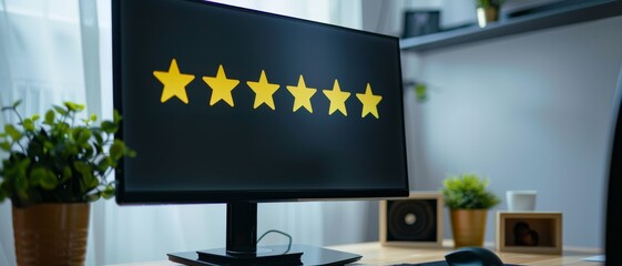 Wall Mural - a monitor displays a five-star rating, surrounded by a cozy, plant-filled workspace, suggesting exce
