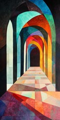 Wall Mural - A colorful painting of a long hallway with a light shining down on it. The colors are bright and vibrant, creating a sense of energy and movement