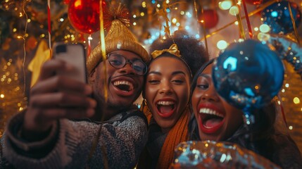 Three friends are taking a selfie at a new year's eve party celebration, laughing and having a good time surrounded by balloons and christmas lights. Merry Christmas and Happy New Year event