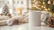 © dark_blade - White ceramic tea mug with Christmas decoration and copy space for your design. Mockup for xmas promotional content. ai generated