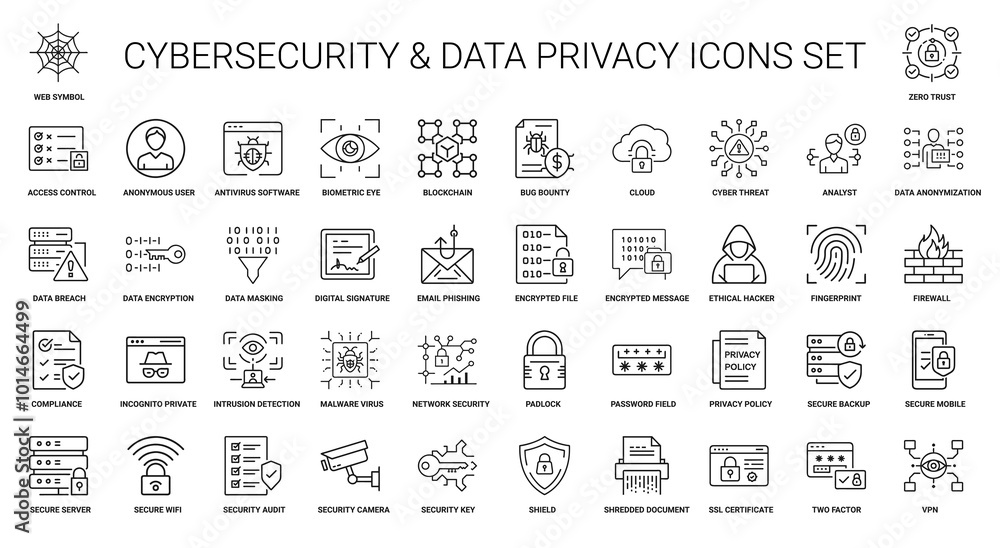 Hack Sensitive Data Icon cybersecurity data privacy line icons, encrypted message fingerprint ...