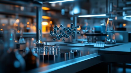 Leinwandbilder - A molecular model is suspended above a lab bench in a scientific laboratory. The lab bench has several beakers and test tubes on it, along with other lab equipment