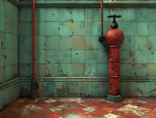 Sticker - Vintage Red Pipe Against Worn Green Tiles