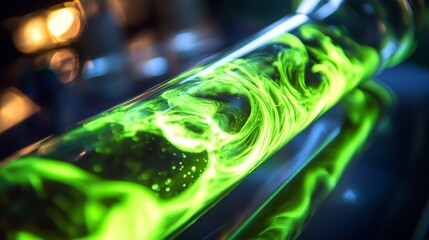 Leinwandbilder - A glass tube filled with a vibrant green liquid showcases swirling patterns as it reflects light in a dimly lit laboratory. The captivating movement draws attention to its vivid and dynamic flow.