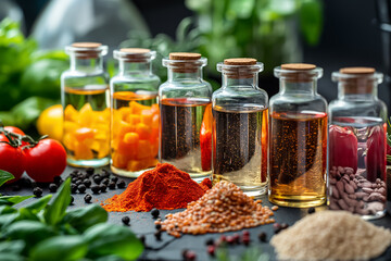 Vibrant spices and oils are displayed alongside fresh vegetables on a kitchen counter, highlighting a variety of culinary ingredients perfect for cooking