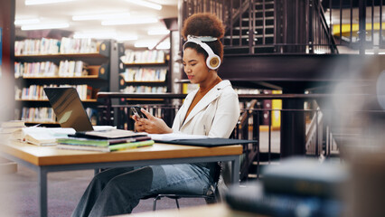 Poster - Student, phone and laptop with research in library for knowledge, education and college thesis. Academy, development and university with woman, text and studying for exam, project and scholarship