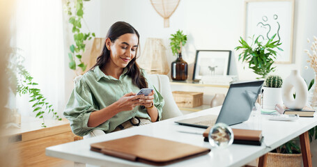 Poster - Typing, smartphone and online with laptop, woman and planning for project, email and storytelling in office. Digital, copywriting and person with mobile, professional and article for agency and happy