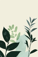 Wall Mural - A minimalist botanical illustration featuring green leaves and abstract shapes on a light background, perfect for modern design projects.