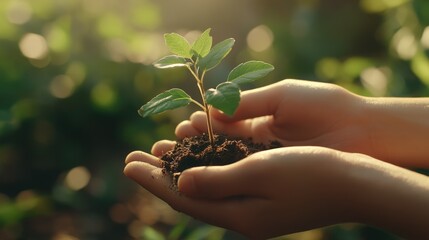 Close up two hands softly cradling a tiny plant with soil on nature bokeh backgroundt ,generative ai