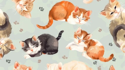 Wall Mural - A series of cats are sleeping in a pattern. The cats are of different colors and sizes. The image has a peaceful and calming mood