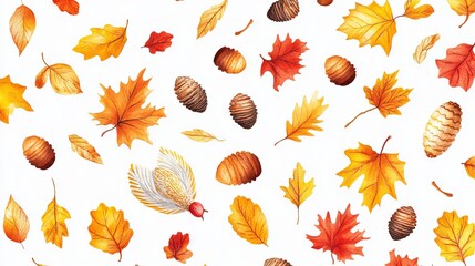 Canvas Print - A watercolor painting of autumn leaves and acorns