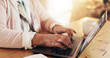 © LuxeShutter24/peopleimages.com - Hands, house and old woman with laptop, typing and keyboard with internet, connection and savings. Mature person, closeup and pensioner with computer, retirement and planning with email notification