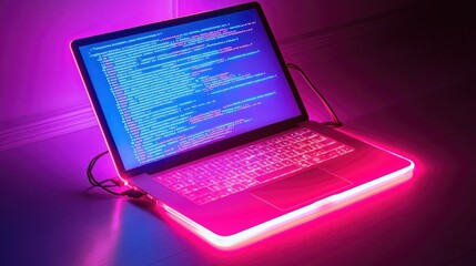 A laptop with a pink light strip underneath it. The screen displays code. The laptop is sitting on a white wooden floor.