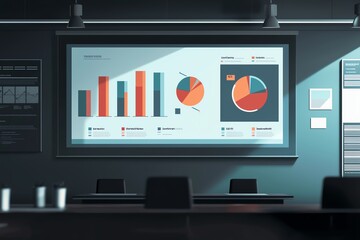 Wall Mural - Modern conference room with data presentation on screen, minimalist design and focus on analysis.