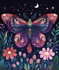 Whimsical Butterfly and Moth at Night, Surrounded by Flowers, Stars and Moon