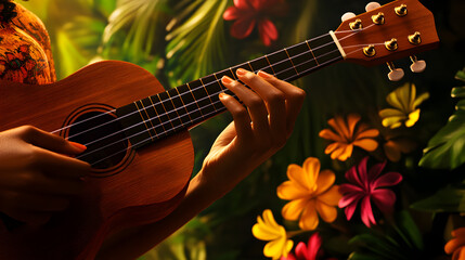 A close-up of a woman’s fingers strumming a ukulele, with vibrant flowers in the background.


