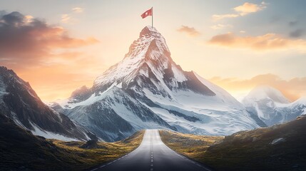 Wall Mural - A winding road leads to a Swiss flag flying on top of a snow-capped mountain.